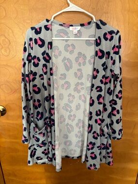 LuLaRoe Gray Cardigan with Pink and Navy Leopard Spots